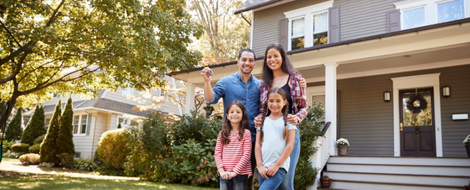 A family stands proudly in front of their house, showcasing their home, a result of personal loans for their dream purchase.